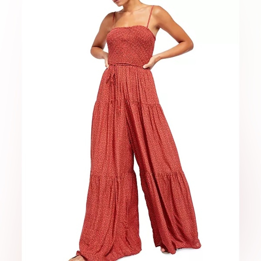 Free People Rust Red Smocked Wide-Leg Jumpsuit